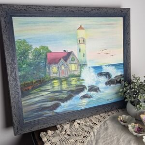 Vintage Storybook Lighthouse Cottage Painting Framed Coastal Wall Art